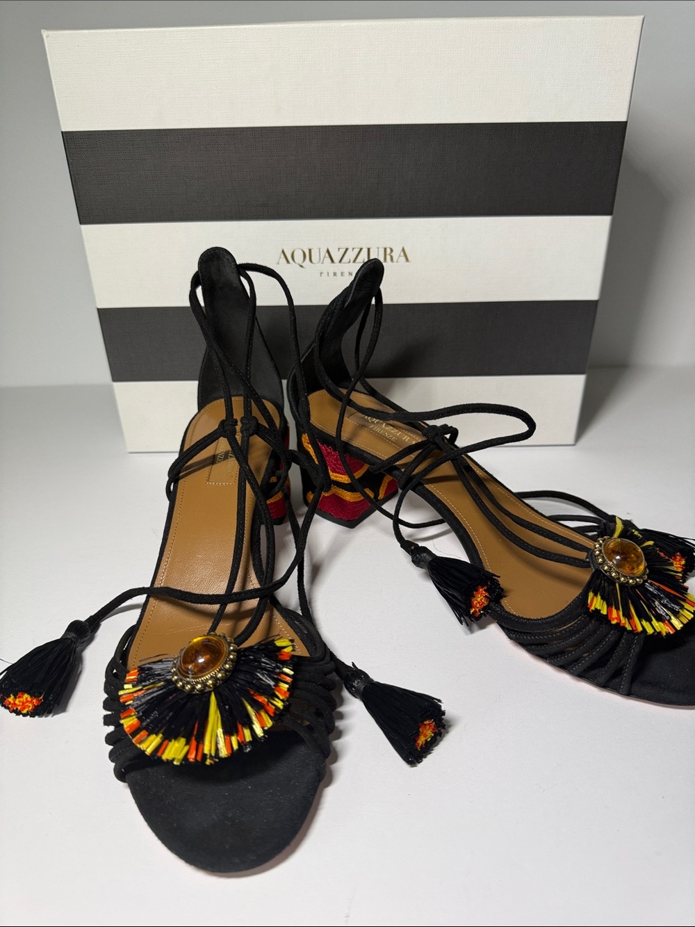 Aquazzura Black Lace-Up Heels with Yellow and Red Fringe